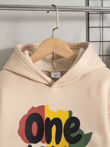 两件套男童休闲时尚字母印花落肩连帽卫衣和裤子套装，带保暖内衬连帽卫衣和裤子，适合秋冬季穿着 - 卡其色 - 查看 3