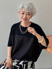 FRIFUL Women's Casual Woven Fabric Blouse, Round Neck Half Sleeve Top With Drawstring Detail And Regular Length - Black - View 5