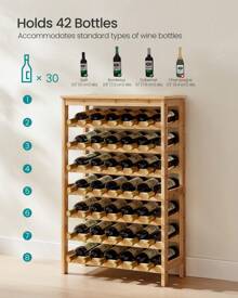 SONGMICS 42-Bottle Wine Rack Free Standing Floor, 7-Tier Display Wine Storage Shelves With Table Top, Bamboo Wobble-Free Bottle Holder For Kitchen Bar Dining Room Living Room