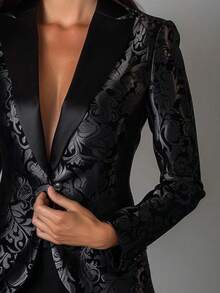 Áo khoác blazer dáng ôm tay dài, cổ khoét chữ V thanh lịch, đơn hàng khuy, chất liệu vải jacquard cho nữ, mùa xuân/thu - màu đen - Xem 5