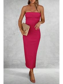Women's Summer Bodycon Maxi Tube Dress Ribbed Strapless Side Slit Long Going Out Casual Elegant Party DressesHalloween Christmas New Year - 玫紅色 - 查看 7