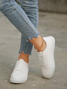 Plus Size Women's Casual Lace-Up White Sneakers, 2025 New Versatile Casual Sports Solid Color Flat Student Shoes, Lightweight Casual Fashion Shoes - White - View 2
