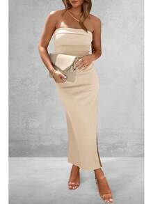 Women's Summer Bodycon Maxi Tube Dress Ribbed Strapless Side Slit Long Going Out Casual Elegant Party DressesHalloween Christmas New Year - 米色 - 查看 4