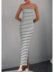 Women's Summer Bodycon Maxi Tube Dress Ribbed Strapless Side Slit Long Going Out Casual Elegant Party DressesHalloween Christmas New Year - 寬條紋黑白 - 查看 7