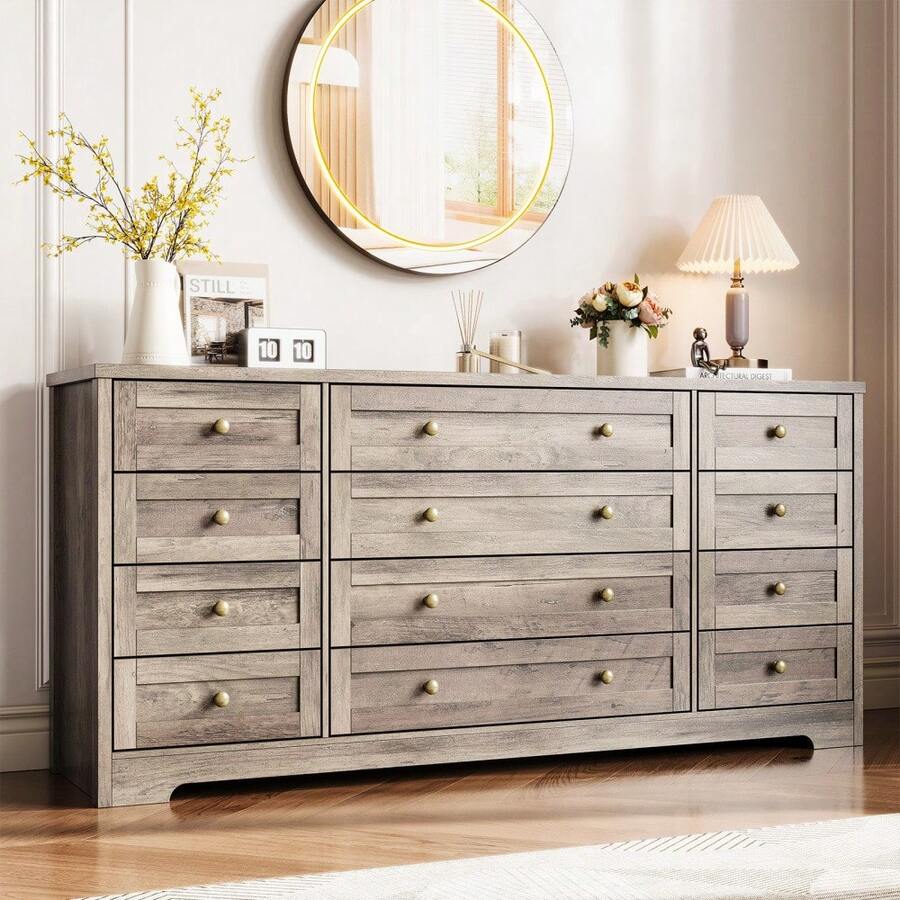 LIZHOUMIL 12 Drawers Wood Dressers For Bedroom,16" Wide TV Stand Dresser For 65 Inch TV,Long Wooden Dresser For Living Room, Hallway - Xám - Xem 1