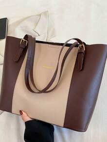 大容量休闲手提包，拼色设计配字母金箔装饰，可调节肩带，女士百搭通勤包 - 彩色 - 查看 2