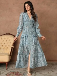 Savoree New Summer Floral Print V-Neck Chiffon Ruffle Trim Splice Long Sleeve Vacation Dress