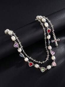1 件时尚彩色心形水晶十字架吊坠腰链，适合男士，适合日常佩戴、派对、毕业典礼、生日礼物、口袋链