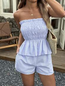 Vaiaye 女士夏季夏威夷波西米亚风热带海滩度假两件套——单肩条纹荷叶边简约日常抹胸上衣和短裤，完美适用于约会、下午茶、假期、音乐节和情人节。 - 藍色 - 查看 5