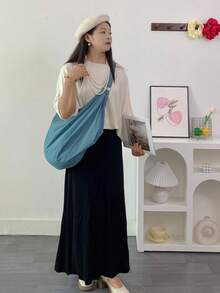 大容量纯色图案单肩包，回归学校简约风格女士斜挎包，尼龙面料包，休闲实用多用途手提包，适合工作、学习、旅行 - 水鴨藍 - 查看 5