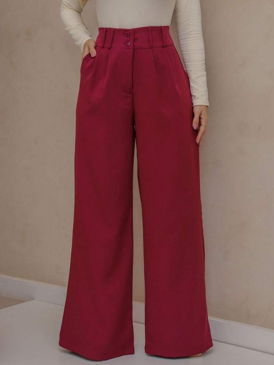 YING ZI Stone Mode Formal Tailored Wide Leg Trousers - 紅木色 - 查看 1