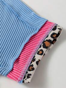 Acelitt 夏季纯色拼接豹纹领设计短袖圆领T恤休闲款 - 藍色 - 查看 8