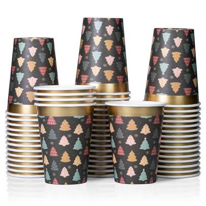 20/50 包一次性纸咖啡杯、圣诞派对用品、零食杯、9 盎司茶杯和水杯（适用于餐厅和派对）、圣诞树