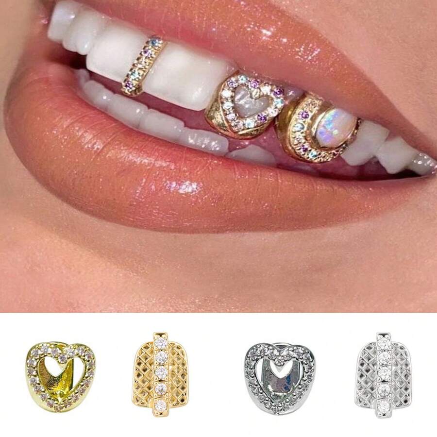 A Stylish Hip-Hop Gap-Tooth Love Heart Dental Grill, Hollow-Out Love Heart Grill, A Cool Everyday Streetwear Accessory - 金色 - 查看 1