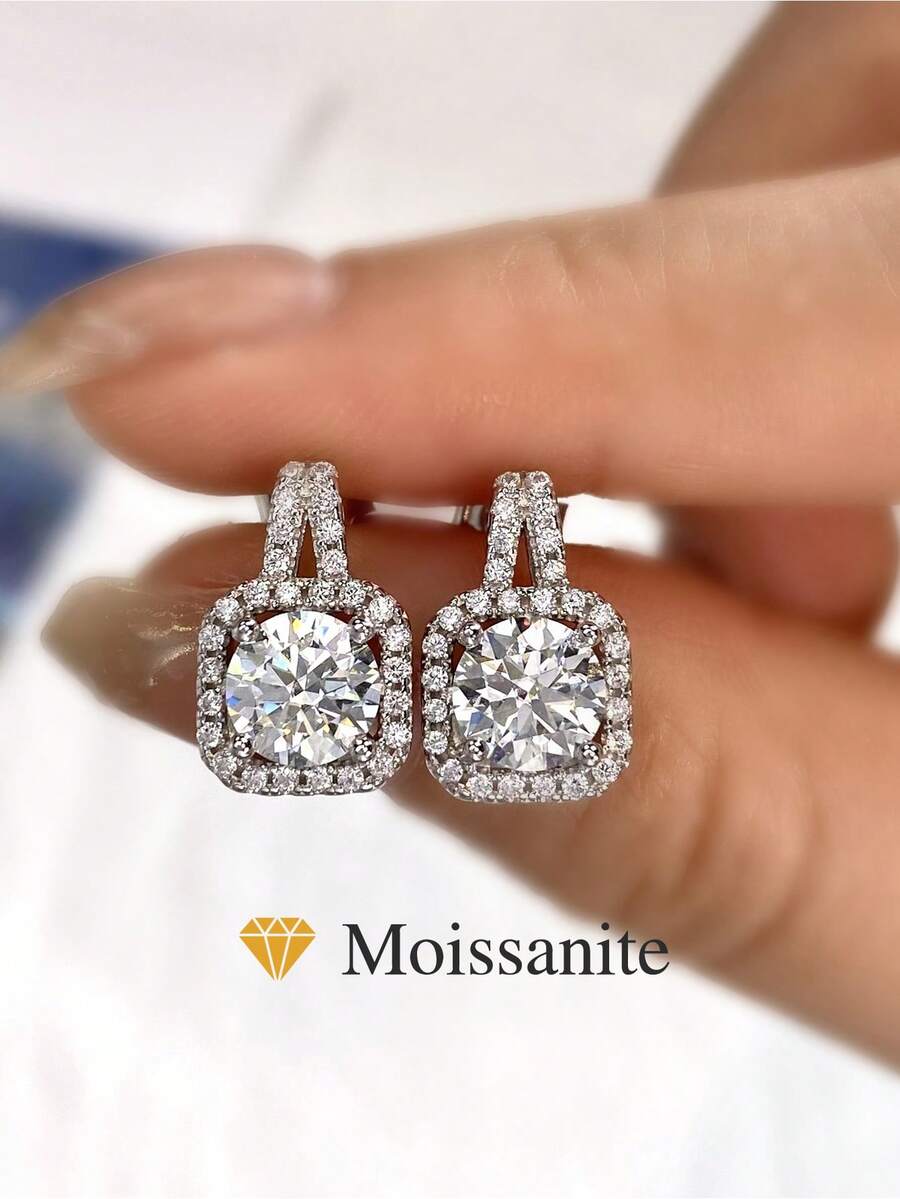 1 对圆形耳环 1.0 克拉莫桑石钻石耳环 S925 纯银婚礼耳环订婚耳钉奢华珠宝礼物女孩女士周年纪念 - 圓形莫桑耳扣 - 查看 1