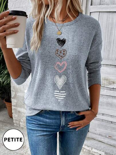 Heart Print Dropped Shoulder Long Sleeve T-Shirt, Casual Autumn