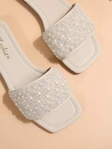 41码女式拖鞋，2025年春夏节日系列新品，方头平底凉鞋，适合搭配连衣裙，拉长腿部线条，时尚金色水钻拖鞋，漂亮的女童夏季沙滩拖鞋，防滑室内拖鞋，可爱的女童塑料拖鞋，43码 - 白色 - 查看 5