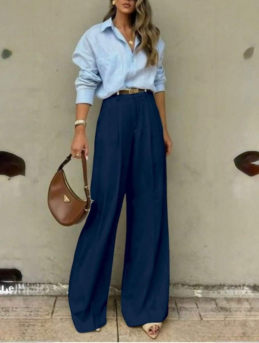 Calça de terno reta, de pernas largas. Comprimento até o chão - Azul Marinho - Visão 1