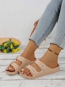 Sandálias femininas leves e confortáveis, bege, da moda, com fivela dupla ajustável, em EVA, antiderrapantes e com absorção de impacto, macias e confortáveis, adequadas para atividades ao ar livre e na praia - Bege - Ver 7