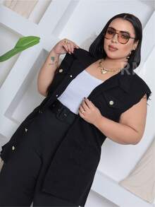 Women's Clothing Max Women's Long Plus Size Denim Vest With Frayed Hem Without Lycra - màu đen - Xem 1