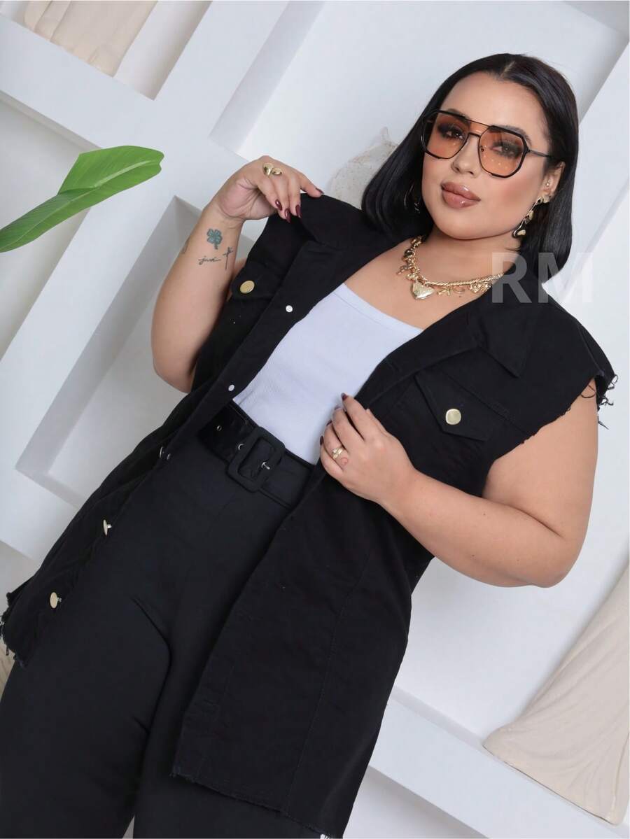 Women's Clothing Max Women's Long Plus Size Denim Vest With Frayed Hem Without Lycra - màu đen - Xem 1