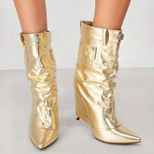 Elegant Women's Heeled Boots With Mid-Calf Height, Pointed Front, And Fashion Pocket Accent - 金色 - 查看 1