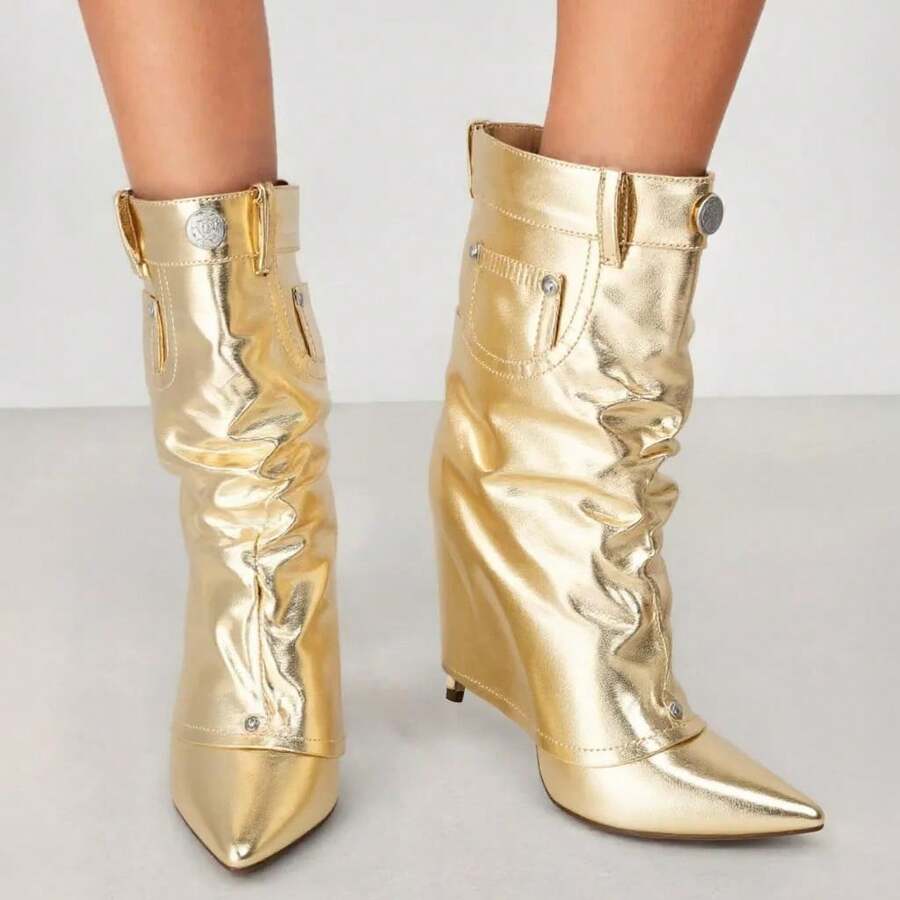 Elegant Women's Heeled Boots With Mid-Calf Height, Pointed Front, And Fashion Pocket Accent - 金色 - 查看 1
