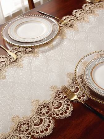 1 st. bordslöpare i satinjacquard, fin vattenlöslig broderad spetskant, minimalistisk och exklusiv design, lämplig för alla årstider, kan användas som köks-/matbordslöpare, bordsunderlägg, picknickmatta, present, skåpshalsduk, heminredning, familjesammankomst, högtidsdekoration, lämplig för inomhus-/utomhusbruk, villa, fest, bröllop