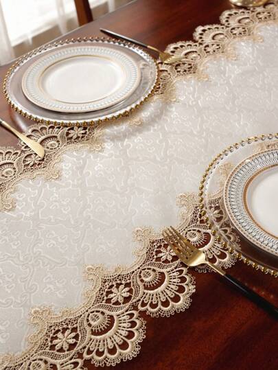 1pc Satin Jacquard Table Runner, Delicate Water-Soluble Embroidered Lace Trim, Minimalist High-End Design, Suitable For All Seasons, Can Be Used As Kitchen/Dining Table Runner, Placemat, Picnic Mat, Gift, Cabinet Scarf, Home Decor, Family Gathering, Holiday Decoration, Applicable For Indoor/Outdoor, Villa, Party, Wedding