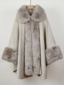 1 Peça Poncho Cardigan com Capuz e Gola Felpuda Elegante em Tecido de Malha Acrílica Folgado e Volumoso, Plus Size, para Mulheres, para Vestir