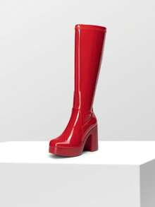 Women's Platform Chunky Heel Knee-High Boots Square Toe Fashionable Solid Color Y2K GoGo Boots - Đỏ - Xem 7