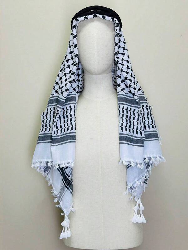 1pc Designer Black & White Geometric Pattern Casual Scarf, Lockstitch Edging, Suitable For All Seasons