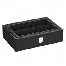 SONGMICS Porta Orologi a 12 Posti, Scatola Portaorologi, Coperchio in Vetro, Cuscini Rimovibili, Chiusura in Metallo, Idea Regalo, Superficie in PU Nero, Interno Nero, Regalo Natale - Superficie in PU Nera, Interno Nero - Visualizzare 10