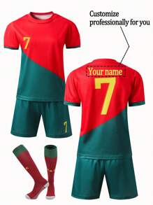 Customized Name/Number/Team Uniform, Portugal National Team, Boys' Sportswear Set, Crew Neck Top And Shorts