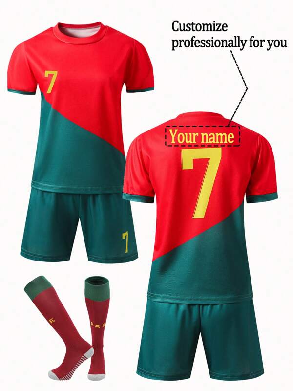 Conjunto deportivo personalizado con nombre/número/equipo, Selección Nacional de Portugal, para niños, con camiseta de cuello redondo y pantalones cortos