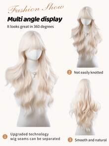 1 Piece Of Synthetic Heat-Resistant Curly Hair With Bangs, Long Rolled White Gold Wig, 28 Inches Long Woven Daily Natural And Realistic Wig (Without Accessories) - Gold - View 4