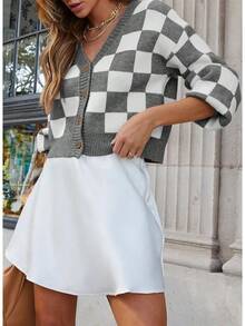Women's Checkered Button Down Long Sleeve Knit Cropped Cardigan Sweater Tops, Style - Gray - View 2