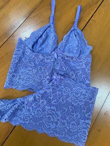 Sexy Women's Lace Lingerie Set With Lining And No Pads Baby Doll - Màu xanh lam - Xem 1