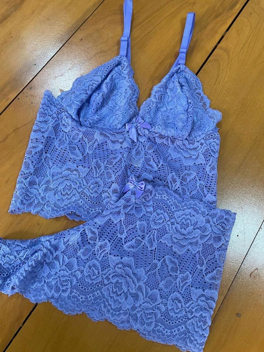 Sexy Women's Lace Lingerie Set With Lining And No Pads Baby Doll - Màu xanh lam - Xem 1