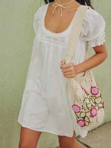 Baby Doll Mini Dress For Women Summer Solid Color Loose Bubble Short Sleeve Scoop Neck Dress - trắng - Xem 3