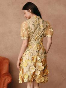 Savoree New Spring/Summer Women Urban Elegant Mesh Embroidered Jacquard Midi Dress, Suitable For Valentine's Day, Date Night, Vacation Outfits