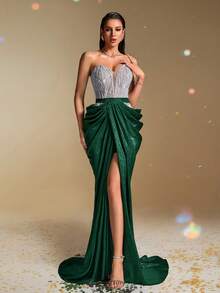 Vestido de noche con corsé con lentejuelas plateadas sin tirantes, vestido de sirena formal sexy para mujer, vestido de gala brillante, vestido de lujo para gala, vestido largo con cuentas sin hombros, vestido maxi ajustado para alfombra roja