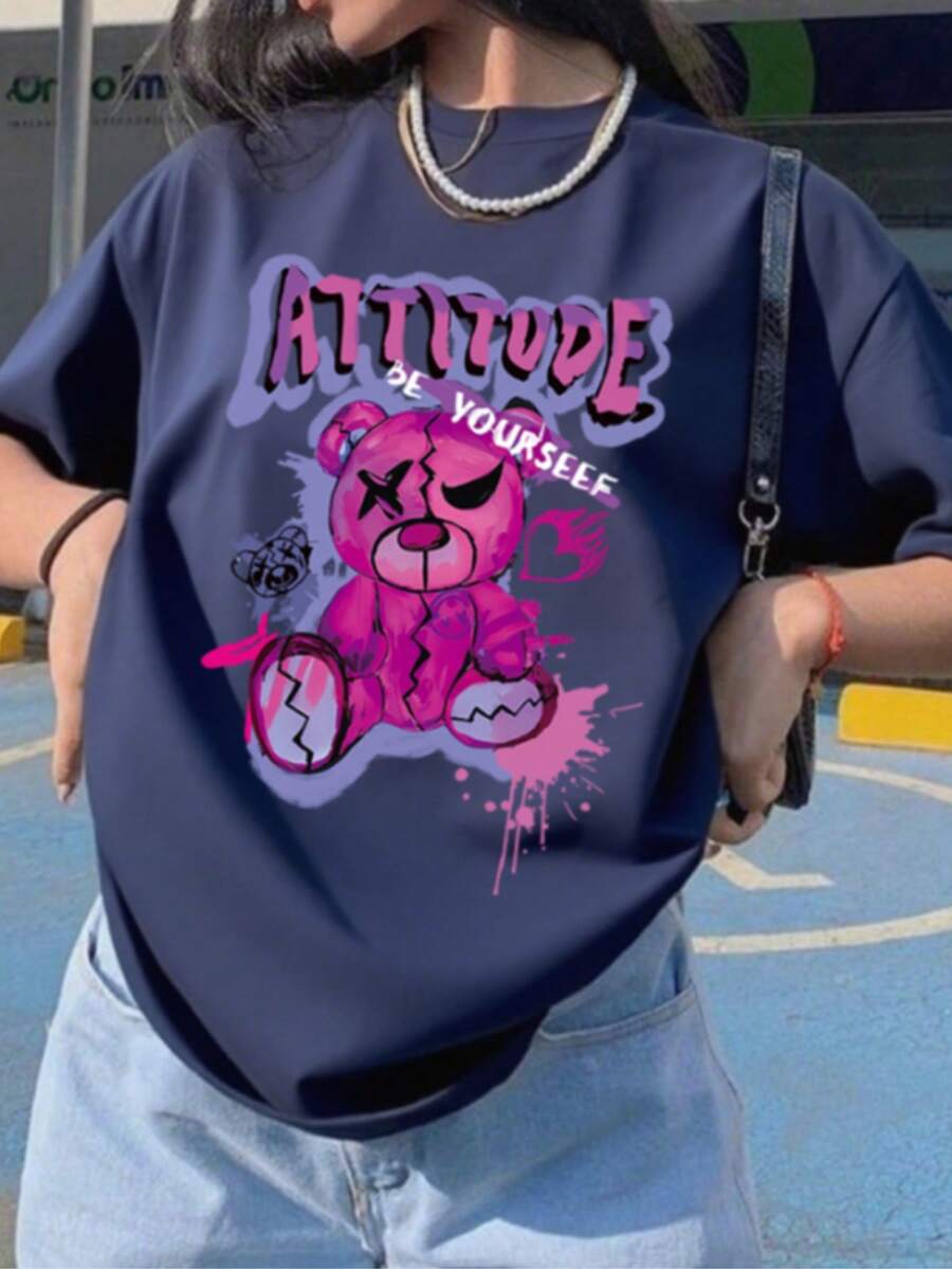 休闲泰迪熊印花短袖柔软T恤，街头风夏季上衣 - 藏蓝色 - 查看 1