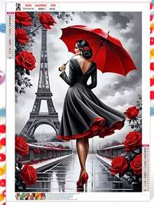 1 Set 5D Acrylic Diamond Painting Kit, Woman Under Umbrella With Eiffel Tower And Rose Flowers, Mosaic DIY Wall Art For Office, Bedroom, Living Room, Landscape Or Portrait Style Optional - Multicolor - View 3