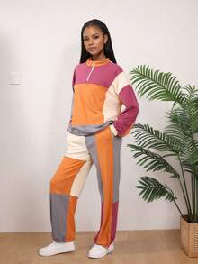 Conjunto de sudadera y pantalones rectos para mujer, de manga larga, con cierre de cremallera, puños elásticos y bolsillos, adecuado para la primavera y el otoño - naranja+morado - Ver 2