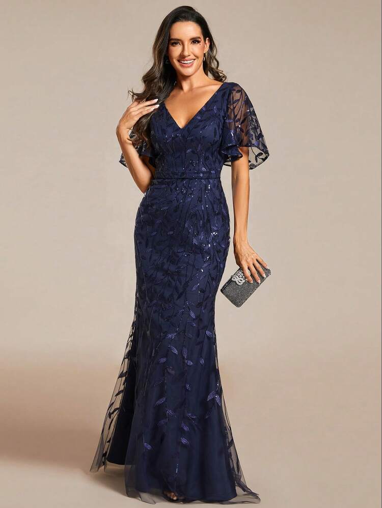 Elegante vestido de noche de sirena azul marino con cuello en V, mangas de mariposa, flores y lentejuelas de malla, adecuado para bodas de primavera, galas y fiestas - Azul Marino - Ver 2