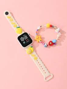2 Pieces Girl's Watch With Square LED Heart-Shaped Digital Display, Children's Watch With Lemon Fruit Pattern Wristband And Clock, Affordable School Season Watch Suitable For Students, Fashionable School Supplies Electronic Watch & Cute Sweet Rainbow Stars Dopamine Accessory, Elastic Beaded Children's Bracelet And Wristband Suitable For Daily Life, School, Parties, Travel, As A Birthday Gift For Friends. It Is The Perfect Gift For Girls. - Multicolor - View 4