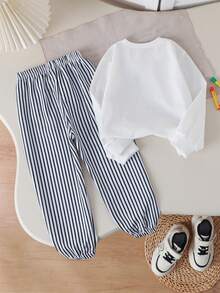 2pcs/Set Boys Casual Round Neck Sweatshirt With Embroidered Design And Elastic Waist Striped Jogger Pants, Suitable For Spring/Autumn Outdoor Wear - White - View 2