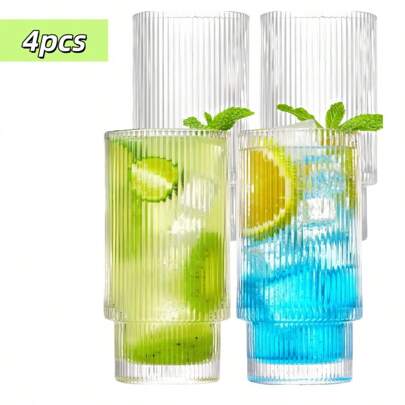 4 Striped Glass Glasses, Vintage Glass Glasses, Corrugated Vintage Cocktail Glasses, Perfect For Iced Coffee, Soda Water, Juice, Beer, Party Supplies, Perfect Holiday Gifts