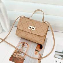 2025 新款女士化妆包压纹菱形图案单肩包，简约经典迷你小包 - 卡其色 - 查看 3